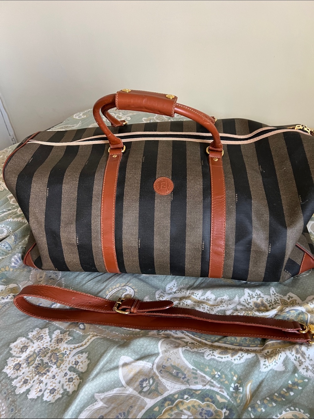 Fendi Black and Brown Striped Leather-Trim Duffel